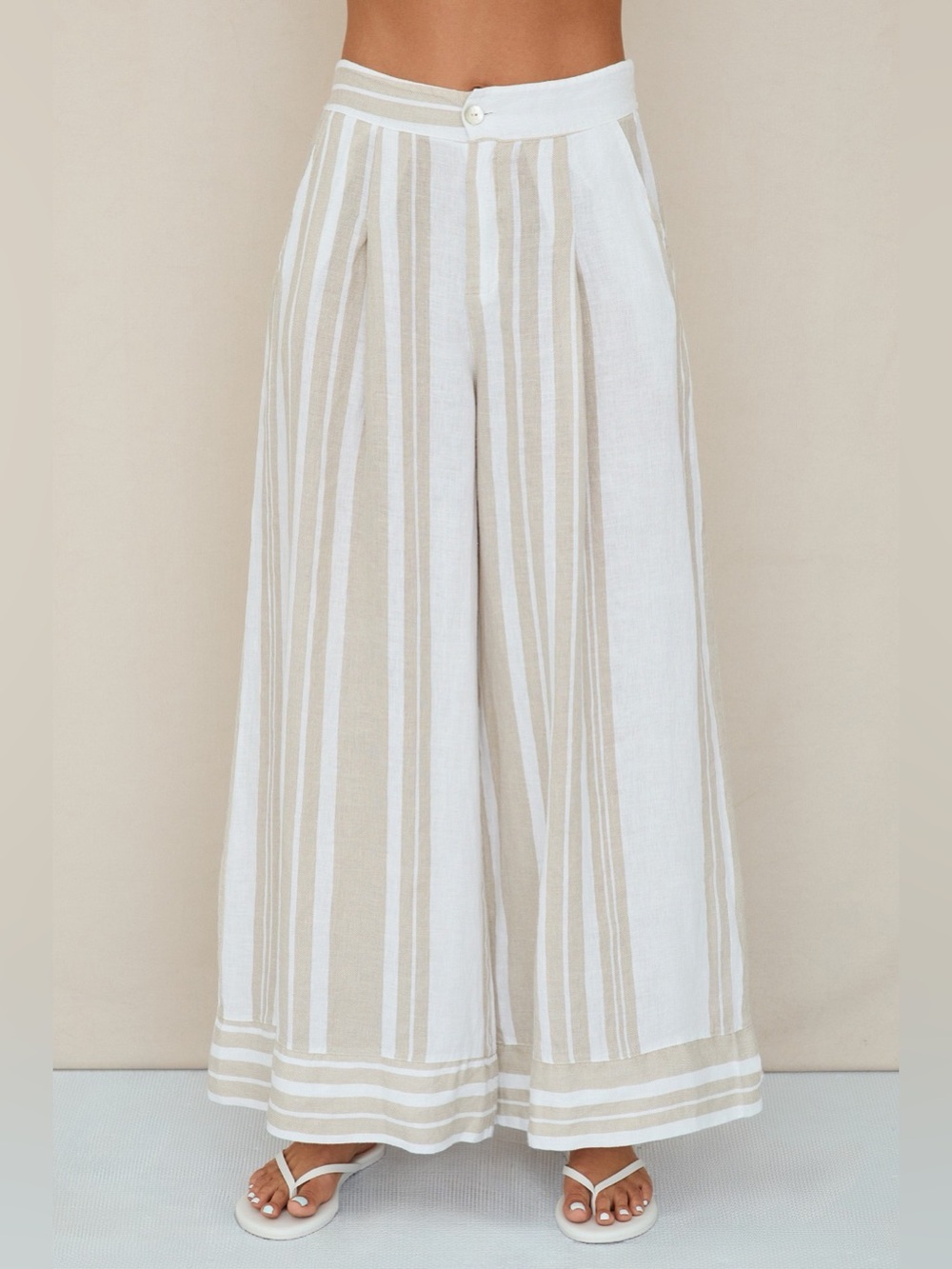 (154018-1-STRIPE-W/B)  STRIPE LINEN WIDE LEG PLAZZO PANTS